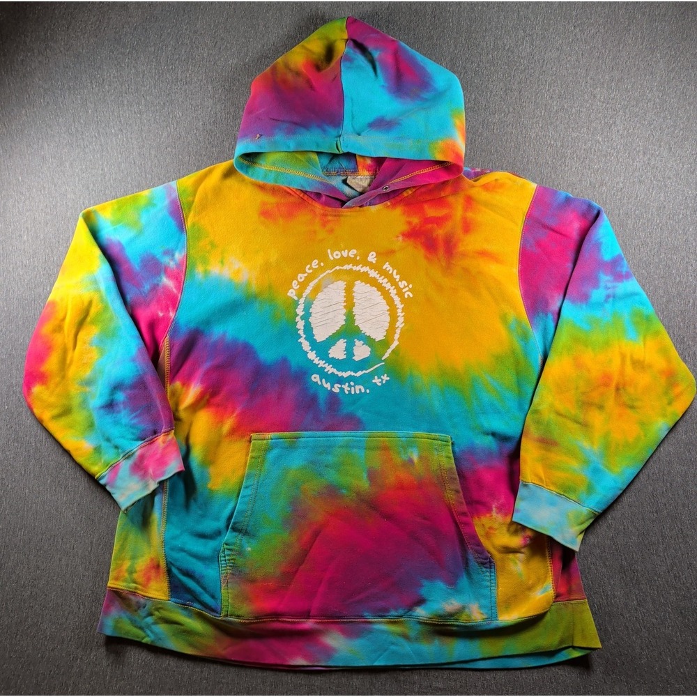 Vtg Pro Weave Tie Dye Hoodie Austin 2XL MV Sport Peace Love Music ATX 90s Grunge